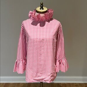Elizabeth Wilson Katherine Pink Gingham Ruffle Neck Blouse poly cotton blend  L